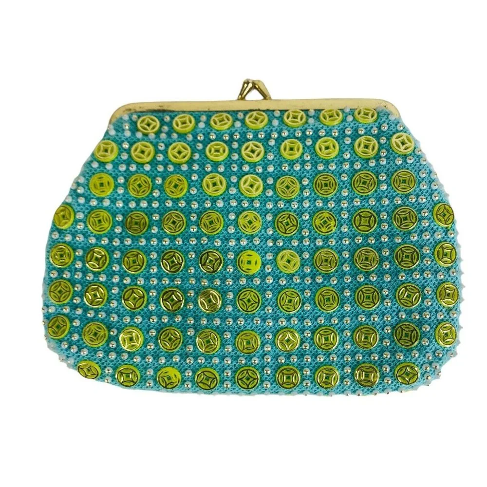 VTG Womens Clutch Purse Beaded Made Hong Kong Kiss Lock Closure Blue Green Small